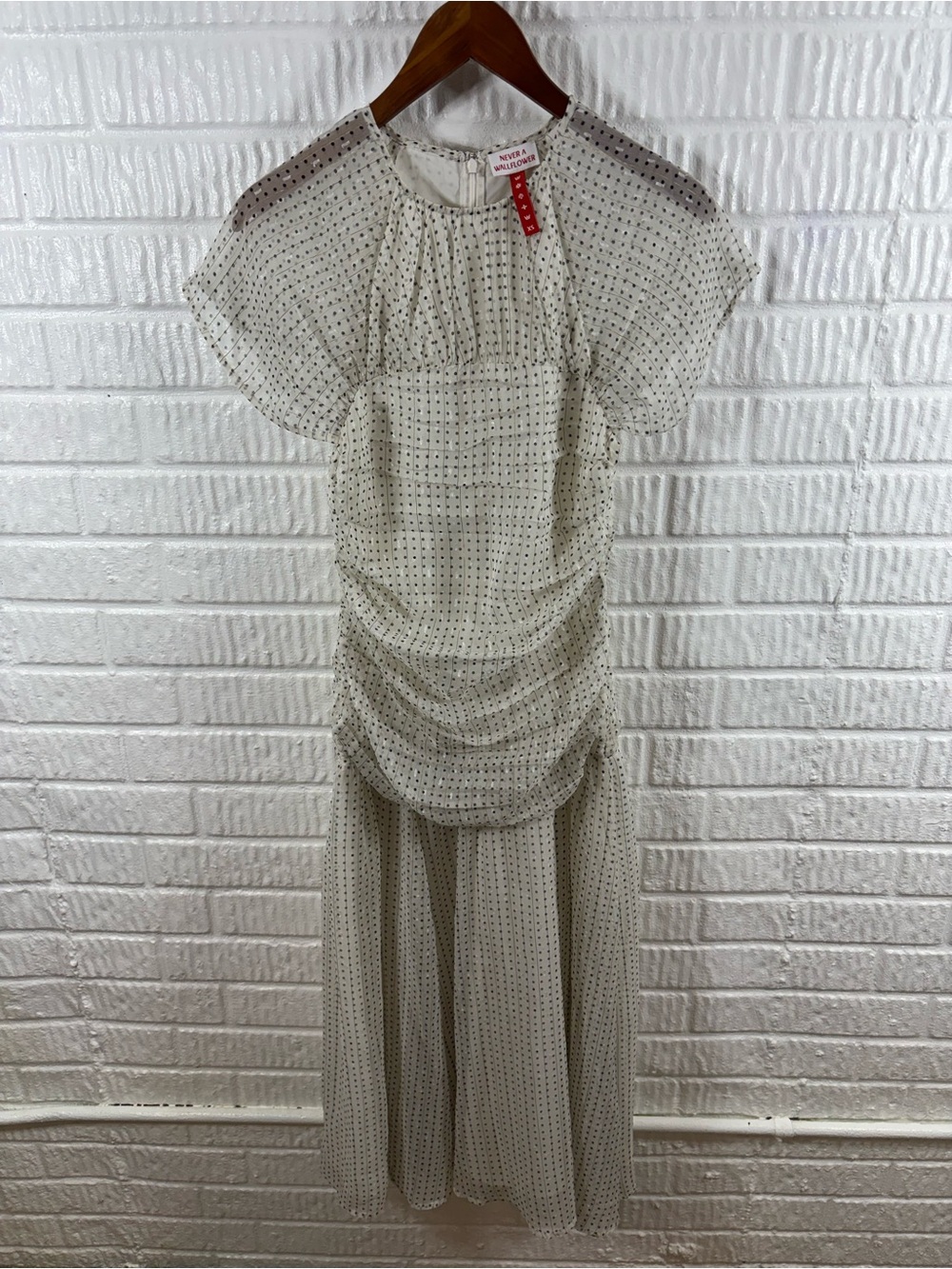Never a Wallflower Polka Dot Midi Dress Ruched XS Sheer